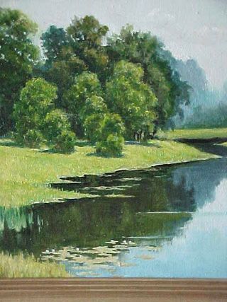 Vibrant Russian signed oil on canvas painting of a river landscape Vibrant Russian signed oil on canvas painting of a river landscape