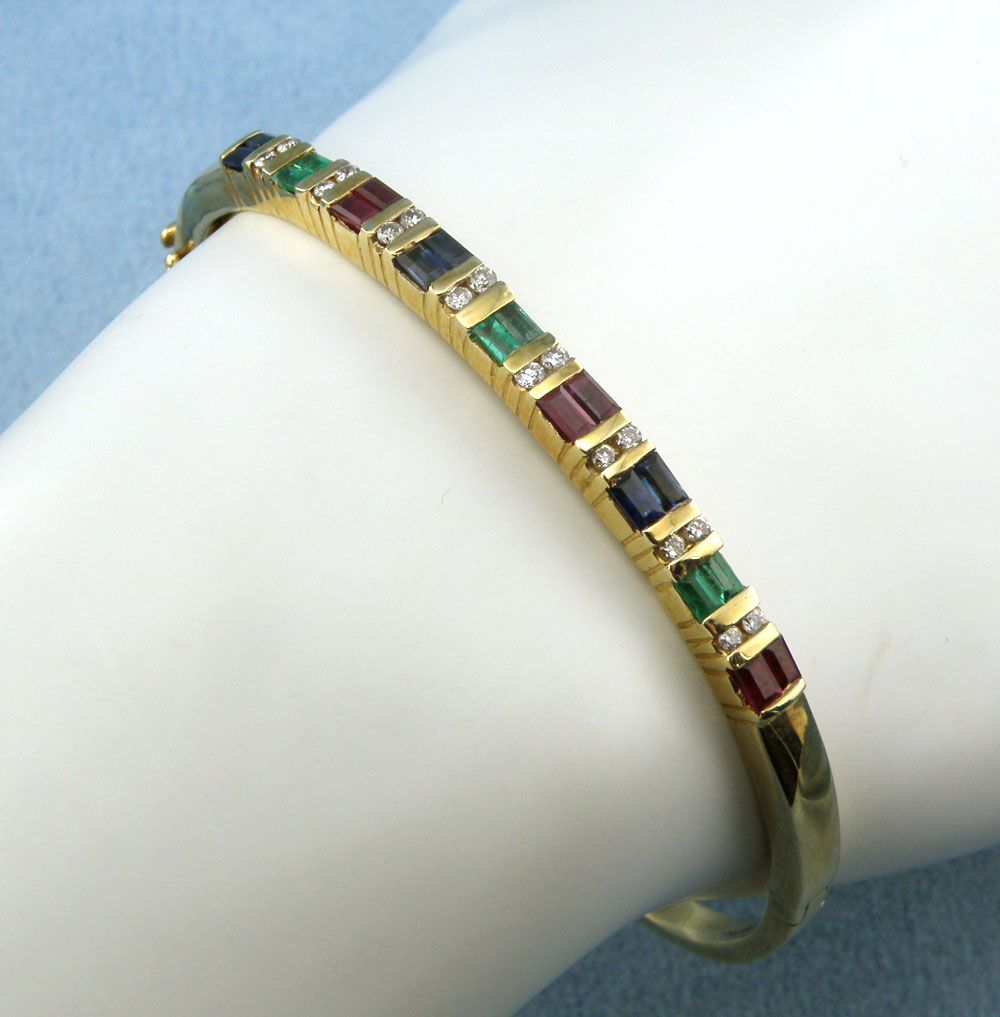 2.50cttw Diamond,Ruby,Sapphire,Emerald Bangle Bracelet-14K Yellow Gold,7.25" 2.50cttw Diamond,Ruby,Sapphire,Emerald Bangle Bracelet-14K Yellow Gold,7.25"