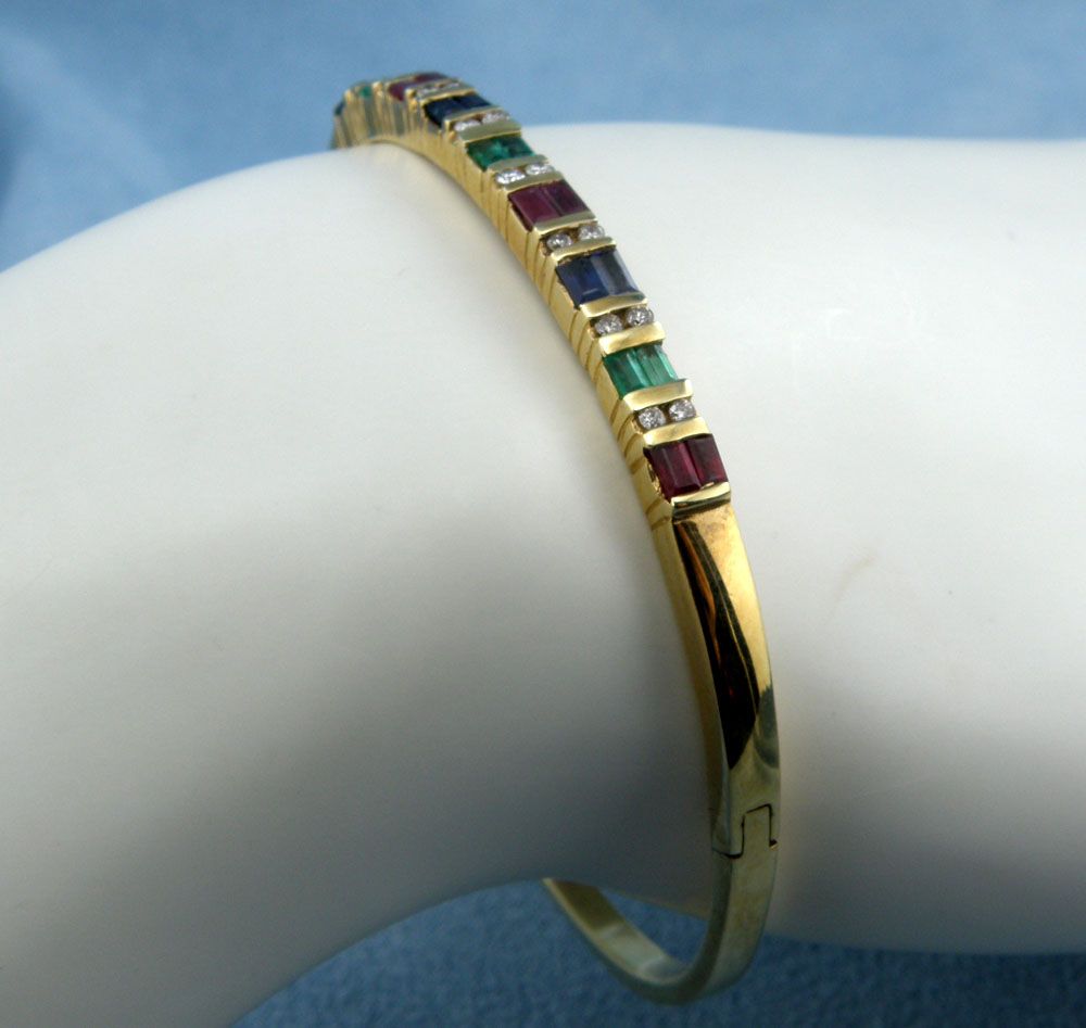 2.50cttw Diamond,Ruby,Sapphire,Emerald Bangle Bracelet-14K Yellow Gold,7.25" 2.50cttw Diamond,Ruby,Sapphire,Emerald Bangle Bracelet-14K Yellow Gold,7.25"