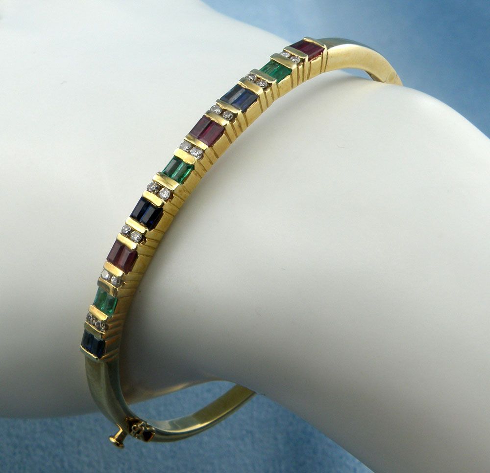 2.50cttw Diamond,Ruby,Sapphire,Emerald Bangle Bracelet-14K Yellow Gold,7.25" 2.50cttw Diamond,Ruby,Sapphire,Emerald Bangle Bracelet-14K Yellow Gold,7.25"
