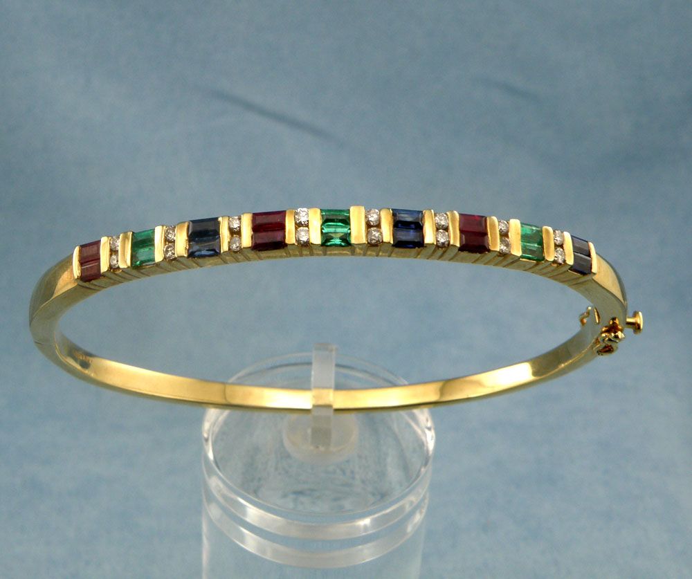2.50cttw Diamond,Ruby,Sapphire,Emerald Bangle Bracelet-14K Yellow Gold,7.25" 2.50cttw Diamond,Ruby,Sapphire,Emerald Bangle Bracelet-14K Yellow Gold,7.25"