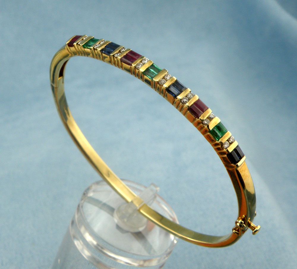 2.50cttw Diamond,Ruby,Sapphire,Emerald Bangle Bracelet-14K Yellow Gold,7.25" 2.50cttw Diamond,Ruby,Sapphire,Emerald Bangle Bracelet-14K Yellow Gold,7.25"