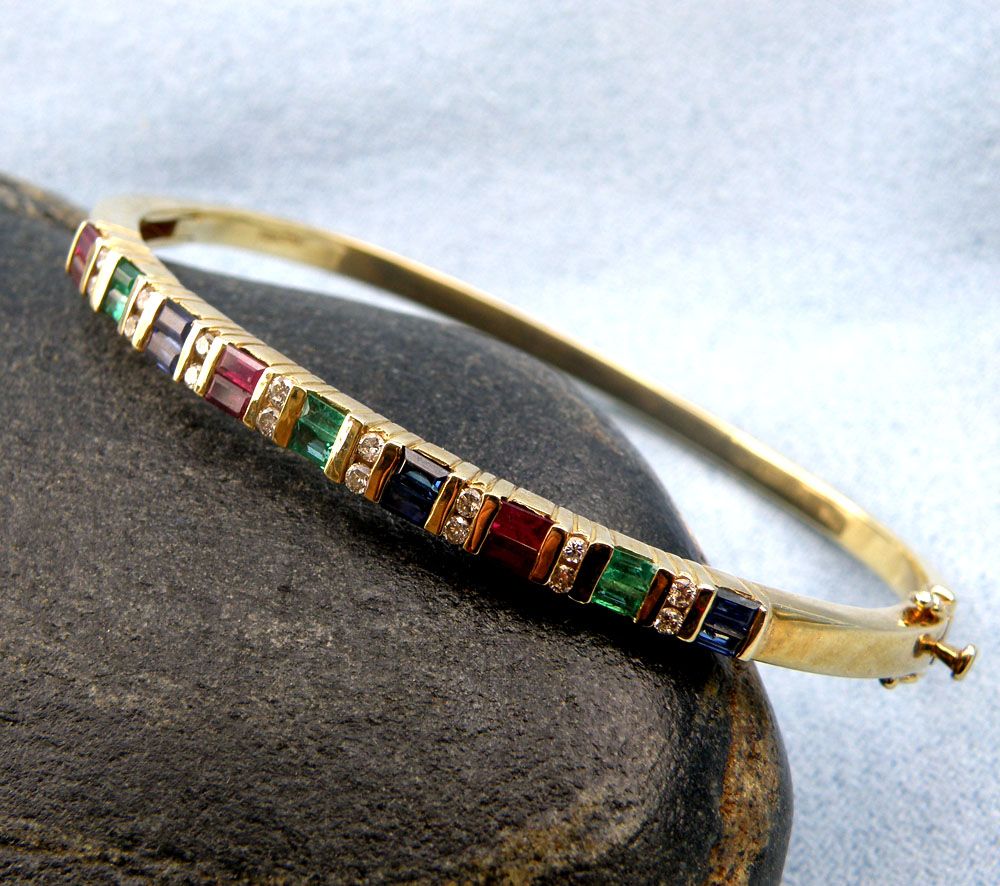 2.50cttw Diamond,Ruby,Sapphire,Emerald Bangle Bracelet-14K Yellow Gold,7.25" 2.50cttw Diamond,Ruby,Sapphire,Emerald Bangle Bracelet-14K Yellow Gold,7.25"