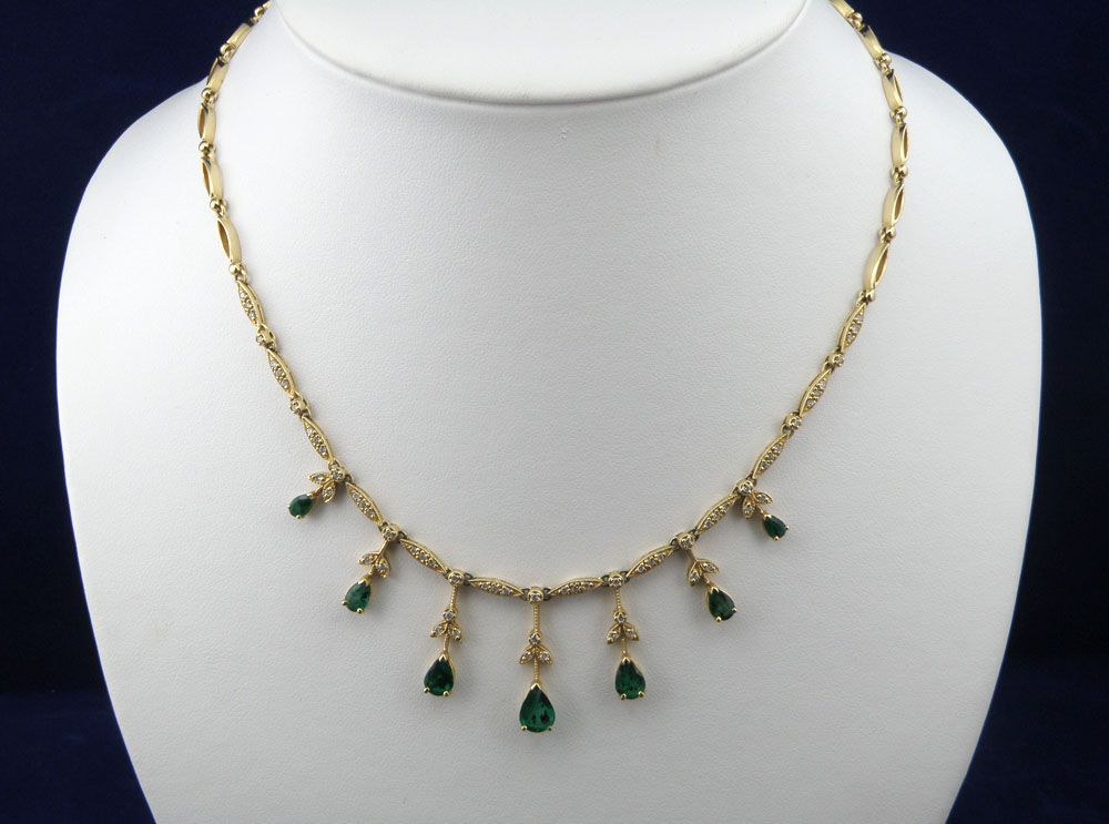 Luxurious "BH" 3.50cttw genuine Emerald w/Diamond Graduated Necklace Set in 14K Yellow Gold Luxurious "BH" 3.50cttw genuine Emerald w/Diamond Graduated Necklace Set in 14K Yellow Gold