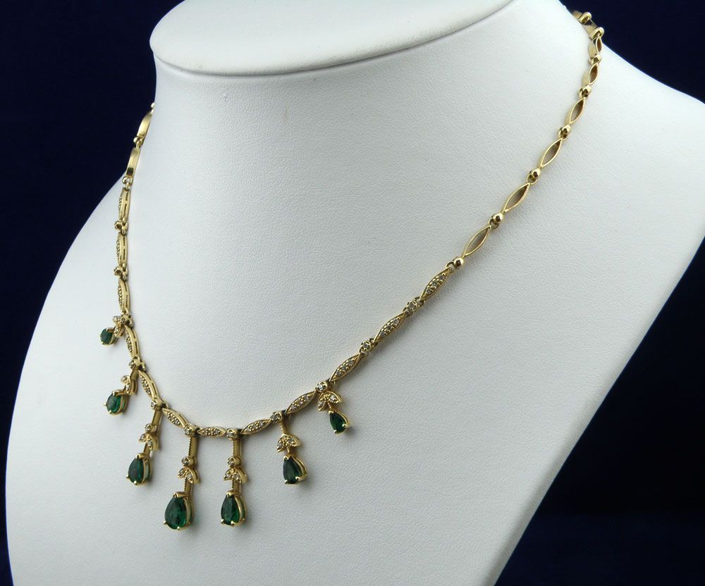 Luxurious "BH" 3.50cttw genuine Emerald w/Diamond Graduated Necklace Set in 14K Yellow Gold Luxurious "BH" 3.50cttw genuine Emerald w/Diamond Graduated Necklace Set in 14K Yellow Gold
