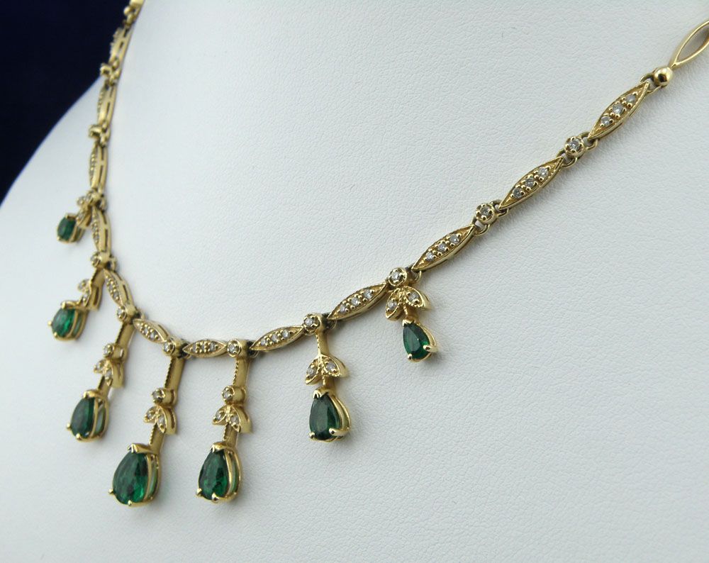 Luxurious "BH" 3.50cttw genuine Emerald w/Diamond Graduated Necklace Set in 14K Yellow Gold Luxurious "BH" 3.50cttw genuine Emerald w/Diamond Graduated Necklace Set in 14K Yellow Gold