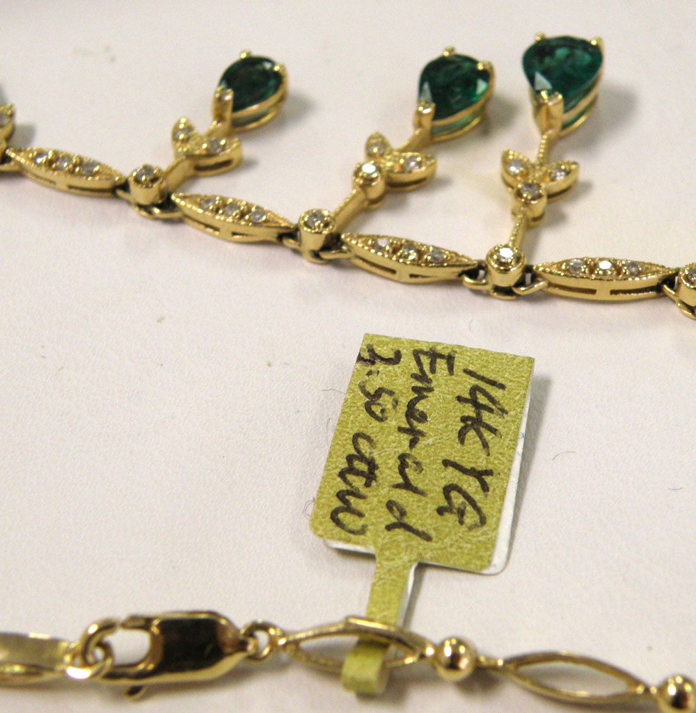 Luxurious "BH" 3.50cttw genuine Emerald w/Diamond Graduated Necklace Set in 14K Yellow Gold Luxurious "BH" 3.50cttw genuine Emerald w/Diamond Graduated Necklace Set in 14K Yellow Gold
