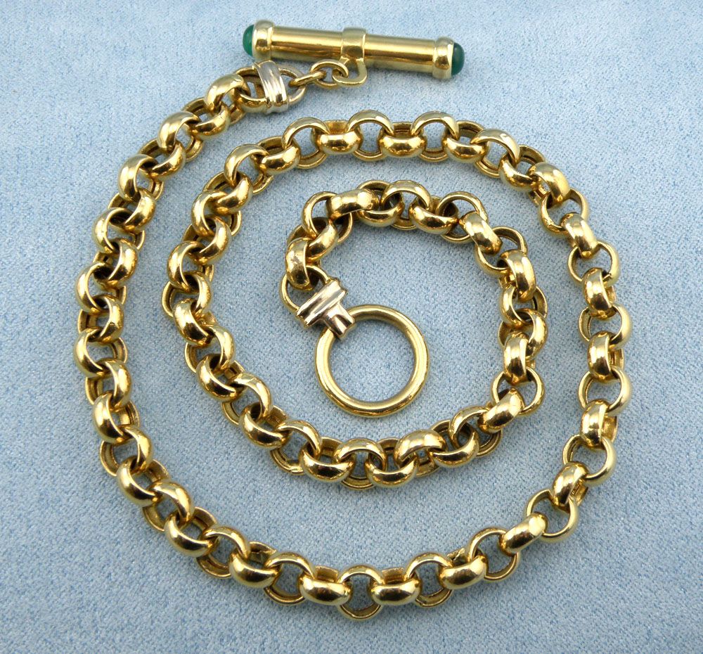 Gorgeous 14K Yellow Gold w/Emerald Rolo Linked Chain Necklace Length 17 inches Gorgeous 14K Yellow Gold w/Emerald Rolo Linked Chain Necklace Length 17 inches
