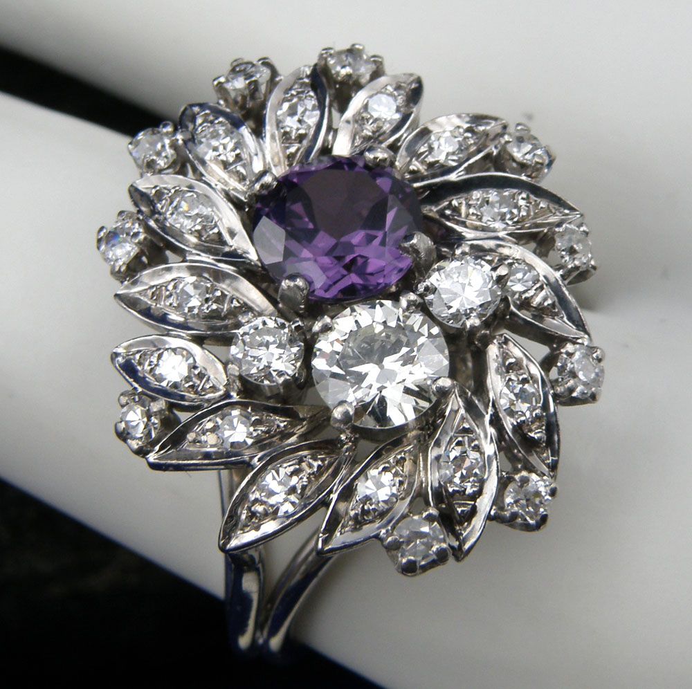 4.50cttw European Cut Diamonds w/Synthetic Alexandrite Dinner Ring size 7.75,14k White Gold 4.50cttw European Cut Diamonds w/Synthetic Alexandrite Dinner Ring size 7.75,14k White Gold