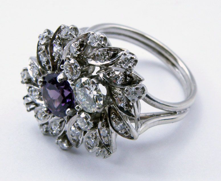 4.50cttw European Cut Diamonds w/Synthetic Alexandrite Dinner Ring size 7.75,14k White Gold 4.50cttw European Cut Diamonds w/Synthetic Alexandrite Dinner Ring size 7.75,14k White Gold