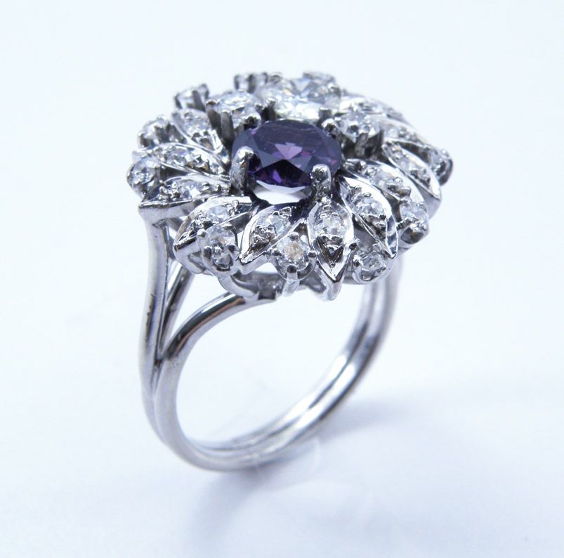 4.50cttw European Cut Diamonds w/Synthetic Alexandrite Dinner Ring size 7.75,14k White Gold 4.50cttw European Cut Diamonds w/Synthetic Alexandrite Dinner Ring size 7.75,14k White Gold