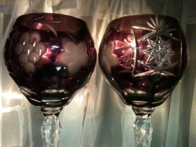 Pair of Ajka Amethyst Cut Crystal Wine Glasses, Waterford Pair of Ajka Amethyst Cut Crystal Wine Glasses, Waterford
