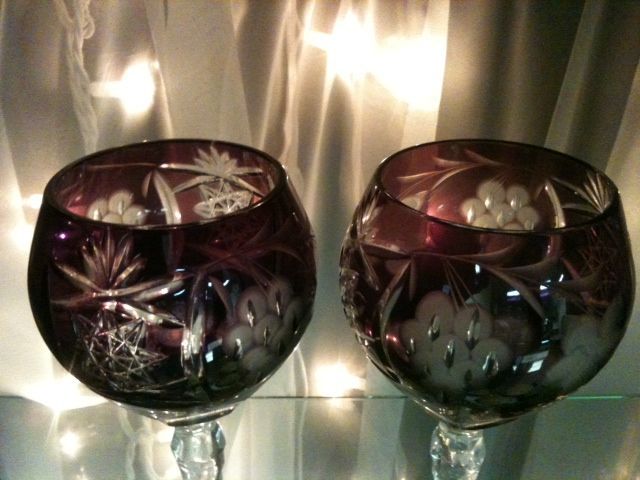 Pair of Ajka Amethyst Cut Crystal Wine Glasses, Waterford Pair of Ajka Amethyst Cut Crystal Wine Glasses, Waterford
