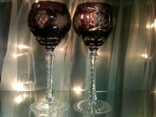 Pair of Ajka Amethyst Cut Crystal Wine Glasses, Waterford Pair of Ajka Amethyst Cut Crystal Wine Glasses, Waterford