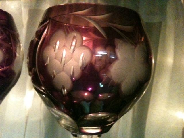 Pair of Ajka Amethyst Cut Crystal Wine Glasses, Waterford Pair of Ajka Amethyst Cut Crystal Wine Glasses, Waterford