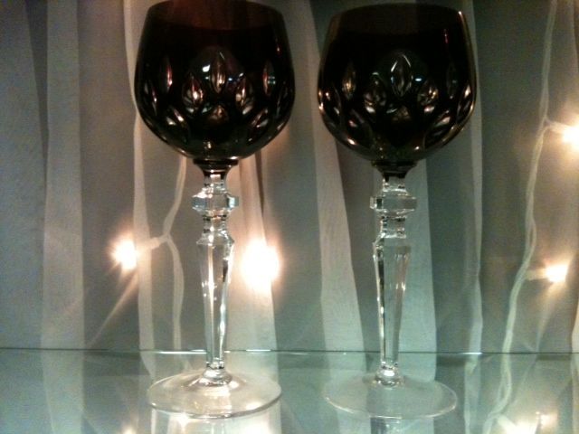 Pair of Ajka Amethyst Cut Crystal Wine Glasses, Waterford Pair of Ajka Amethyst Cut Crystal Wine Glasses, Waterford