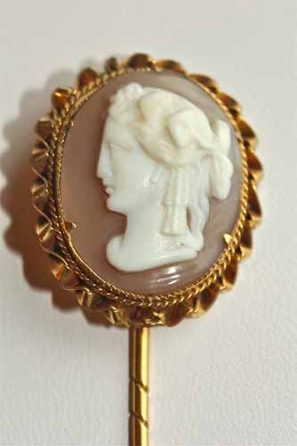 Antique 10K Gold Cameo Stick Pin, Woman or Goddess's Profile Antique 10K Gold Cameo Stick Pin, Woman or Goddess's Profile