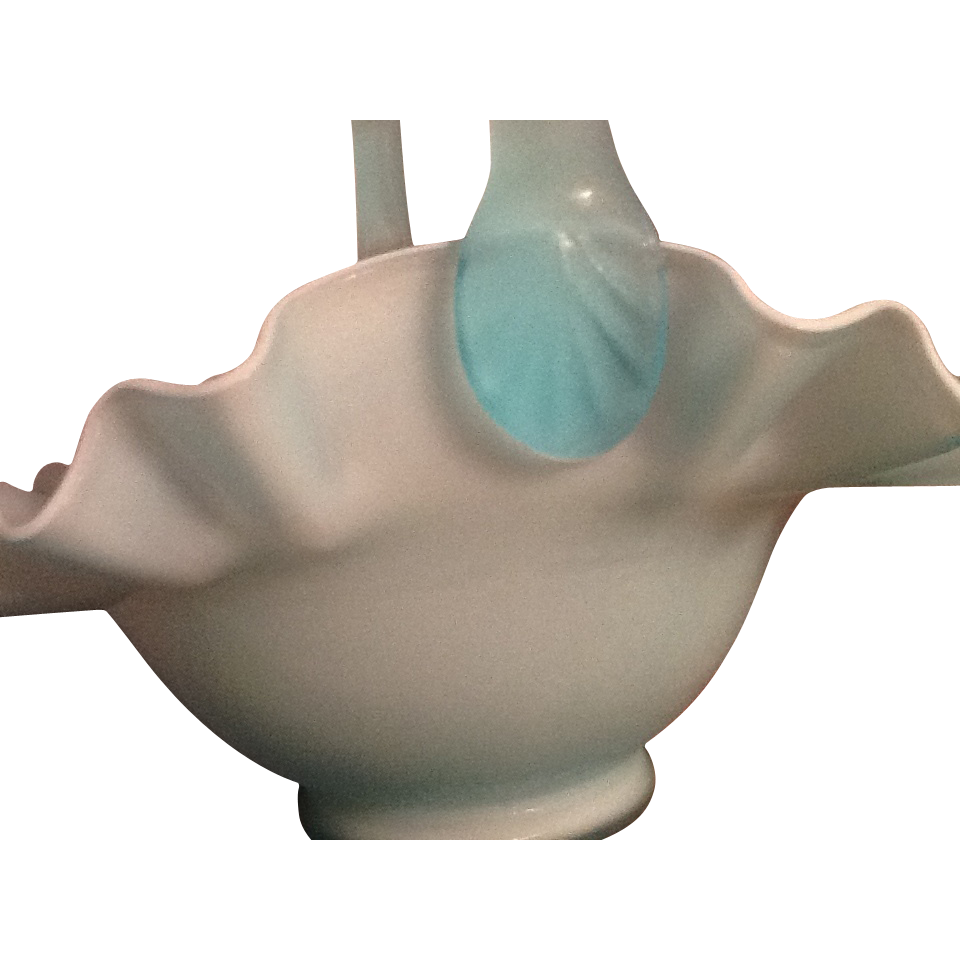 Fenton Art Glass White and Blue Satin Basket with Handle from
