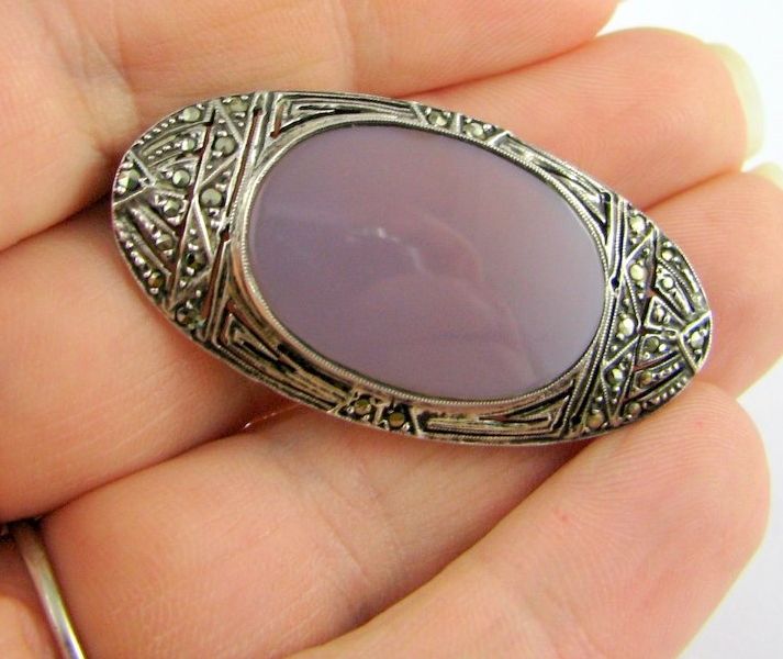 Art Deco Sterling Silver Marcasite Brooch with Lavender Agate Art Deco Sterling Silver Marcasite Brooch with Lavender Agate