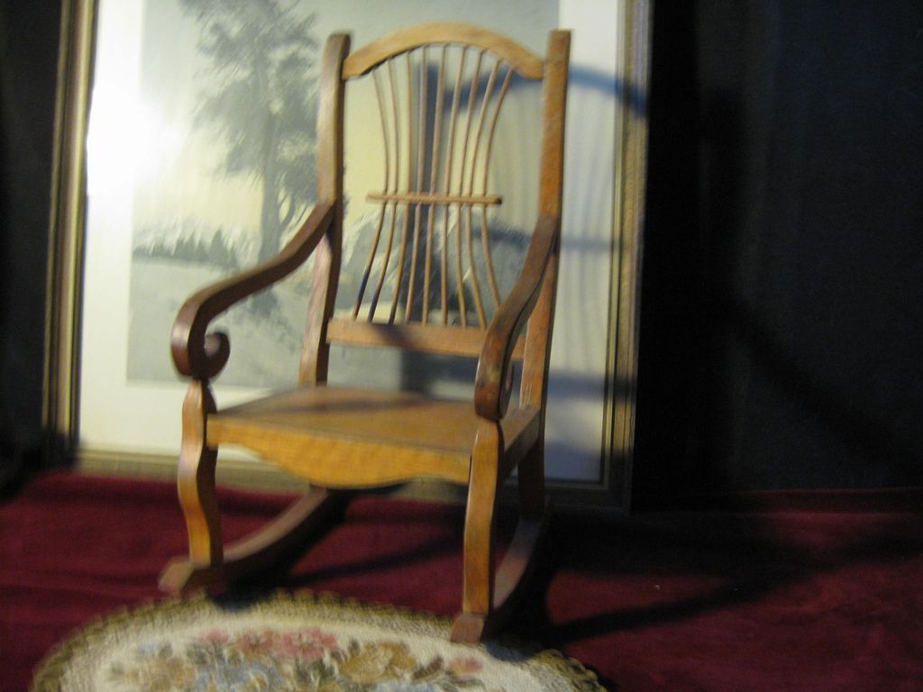 23" Kling with windblown hair, exposed ears in 1870s-80s costume and AMAZING antique rocking chair. 23" Kling with windblown hair, exposed ears in 1870s-80s costume and AMAZING antique rocking chair.