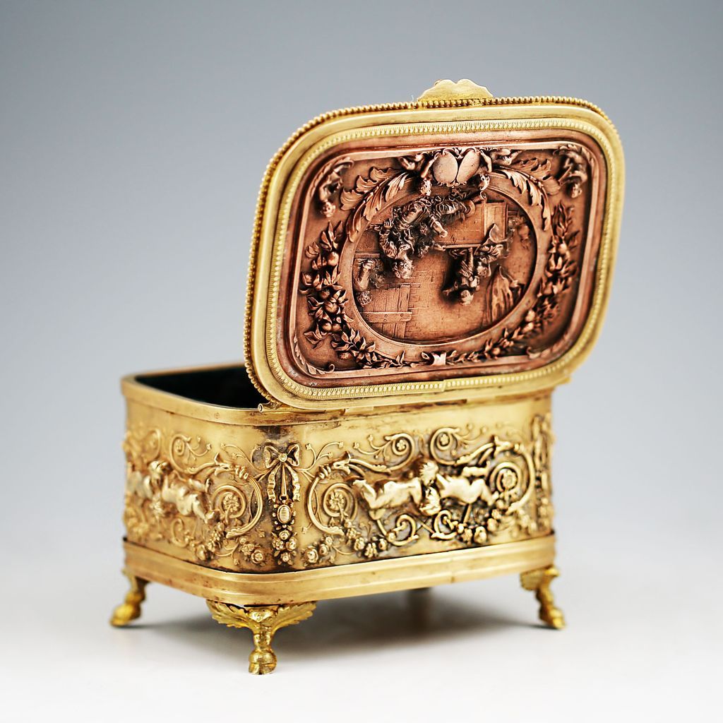 Antique French Napoleon III era bronze dore hinged Box Casket Antique French Napoleon III era bronze dore hinged Box Casket