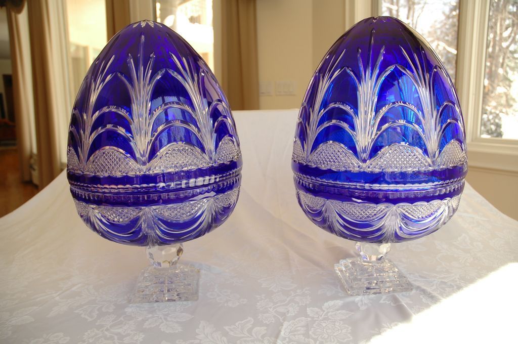 Pair of Bohemian Cobalt Lead Crystal Cut to Clear Pedestal Bowls with Covers Pair of Bohemian Cobalt Lead Crystal Cut to Clear Pedestal Bowls with Covers