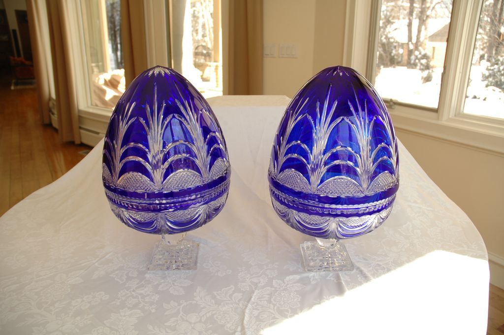 Pair of Bohemian Cobalt Lead Crystal Cut to Clear Pedestal Bowls with Covers Pair of Bohemian Cobalt Lead Crystal Cut to Clear Pedestal Bowls with Covers