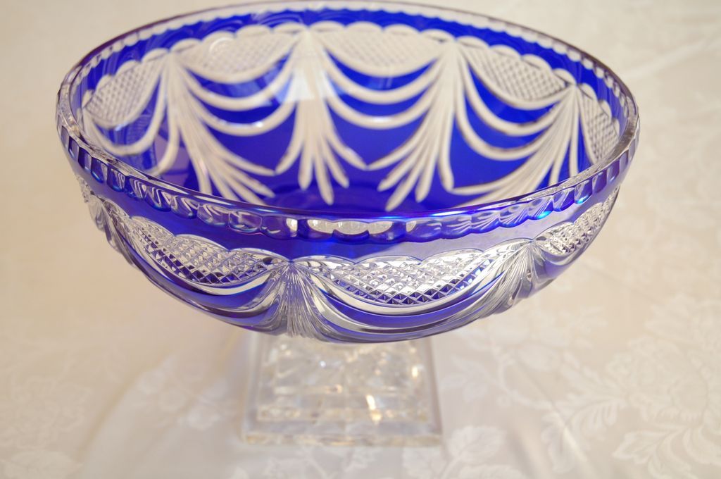 Pair of Bohemian Cobalt Lead Crystal Cut to Clear Pedestal Bowls with Covers Pair of Bohemian Cobalt Lead Crystal Cut to Clear Pedestal Bowls with Covers
