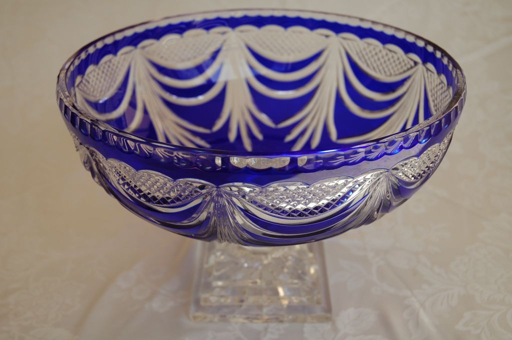 Pair of Bohemian Cobalt Lead Crystal Cut to Clear Pedestal Bowls with Covers Pair of Bohemian Cobalt Lead Crystal Cut to Clear Pedestal Bowls with Covers