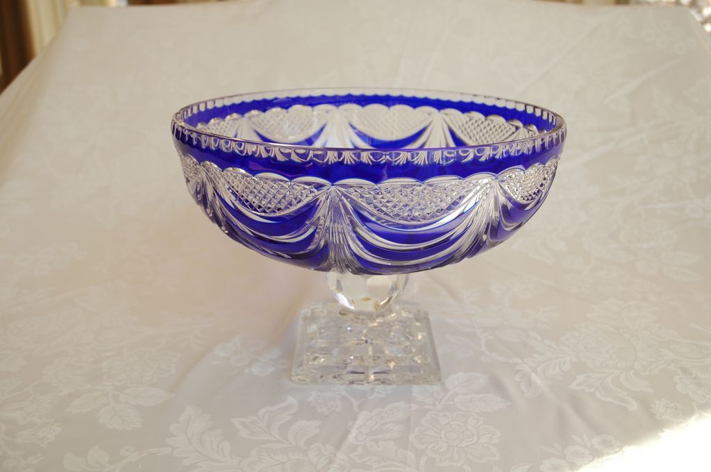 Pair of Bohemian Cobalt Lead Crystal Cut to Clear Pedestal Bowls with Covers Pair of Bohemian Cobalt Lead Crystal Cut to Clear Pedestal Bowls with Covers