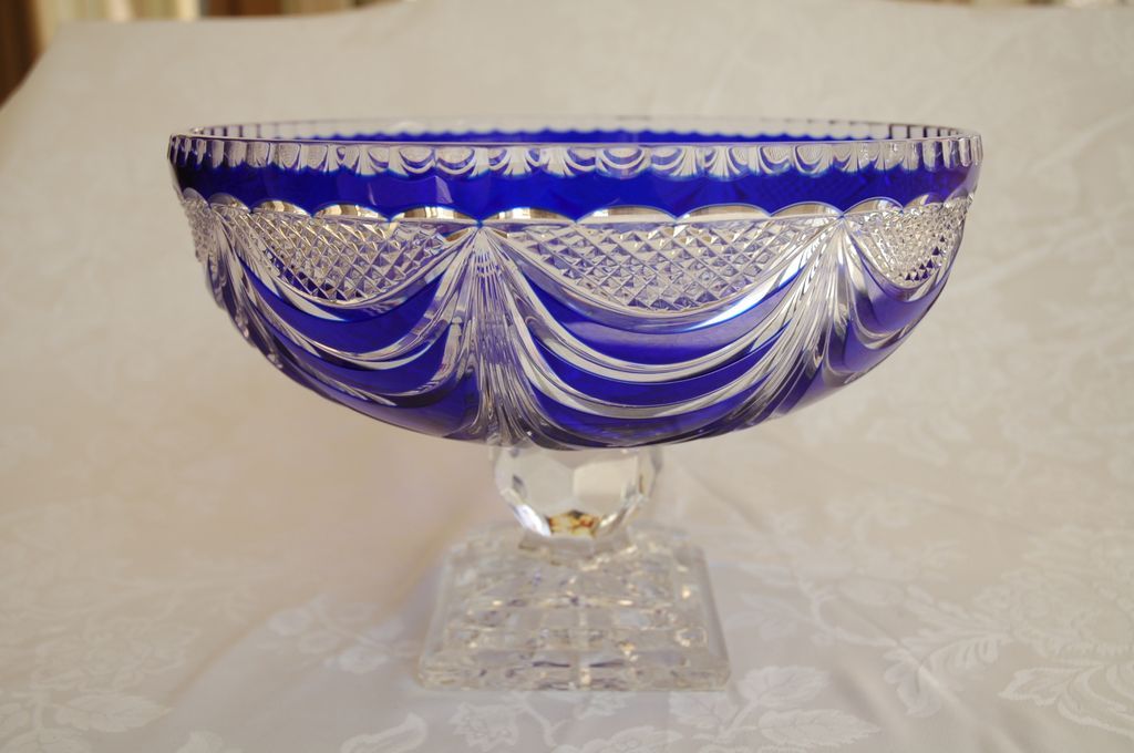 Pair of Bohemian Cobalt Lead Crystal Cut to Clear Pedestal Bowls with Covers Pair of Bohemian Cobalt Lead Crystal Cut to Clear Pedestal Bowls with Covers