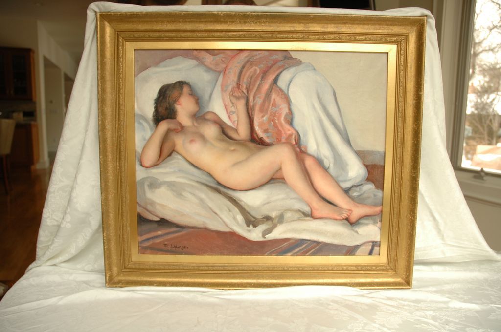 Oil on Canvas of Reclining Nude by Maurice Ambroise Ehlinger (French) Oil on Canvas of Reclining Nude by Maurice Ambroise Ehlinger (French)