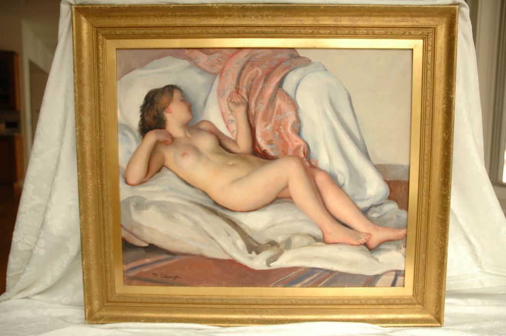 Oil on Canvas of Reclining Nude by Maurice Ambroise Ehlinger (French) Oil on Canvas of Reclining Nude by Maurice Ambroise Ehlinger (French)