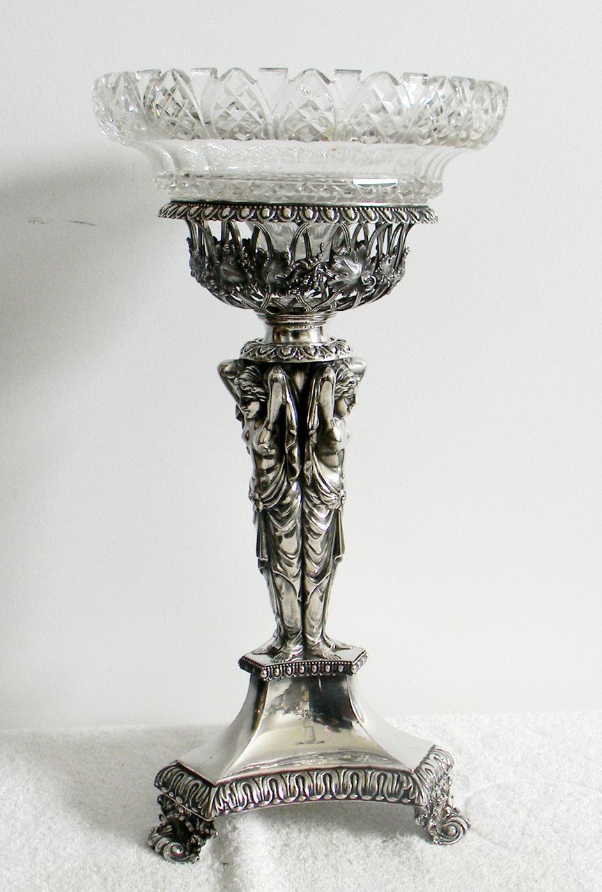 Art nouveau style TALL silver plate tazza centerpiece - nudes and crystal Art nouveau style TALL silver plate tazza centerpiece - nudes and crystal