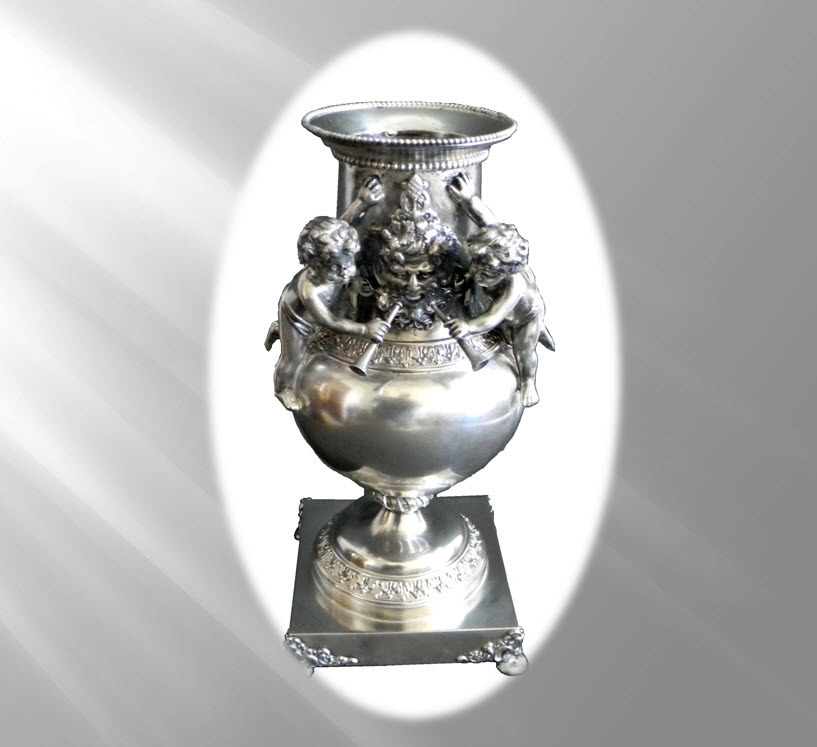 Silver plate vase with cherubs and figure - wind figure Silver plate vase with cherubs and figure - wind figure