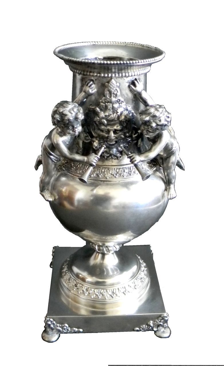 Silver plate vase with cherubs and figure - wind figure Silver plate vase with cherubs and figure - wind figure