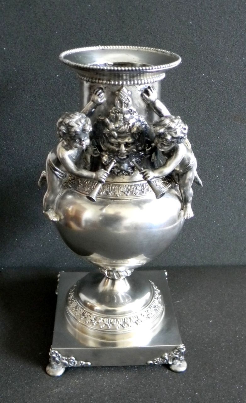 Silver plate vase with cherubs and figure - wind figure Silver plate vase with cherubs and figure - wind figure