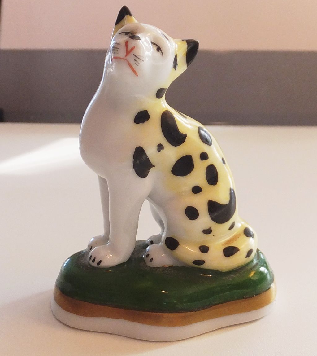 German Porcelain Little Spotted Cat Figurine Gold Anchor Mark from