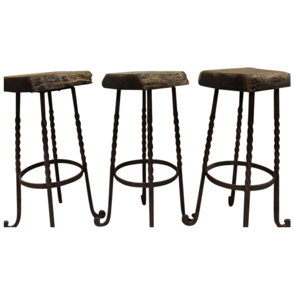 Antique Belgian Iron and Reclaimed Wood Bar Height Stools from