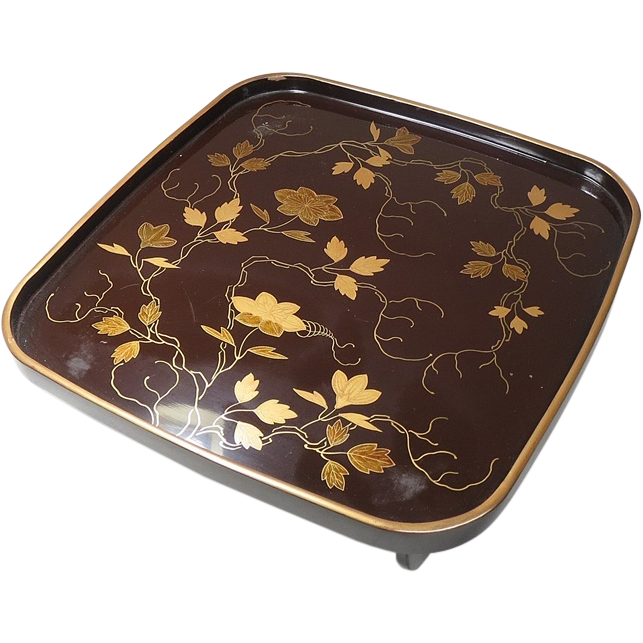 Japanese Antique Lacquer Ware Tray with Nice Makie (Gold Decoration