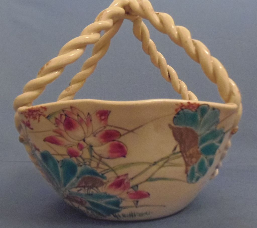 A Rare Japanese Antique Kiyomizu Porcelain Handled Basket by Famous