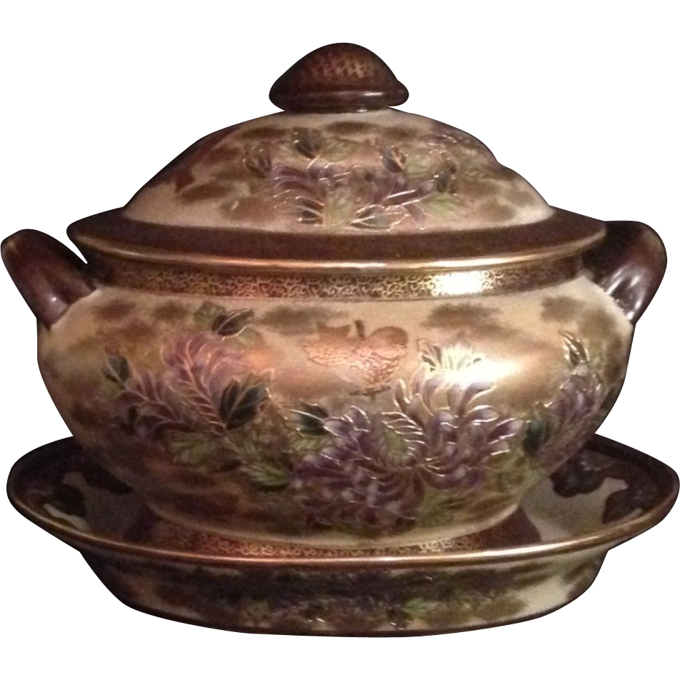 Japanese Vintage Satsuma Covered Soup Tureen and Tray in Flowers and from manyfacesofjapan on