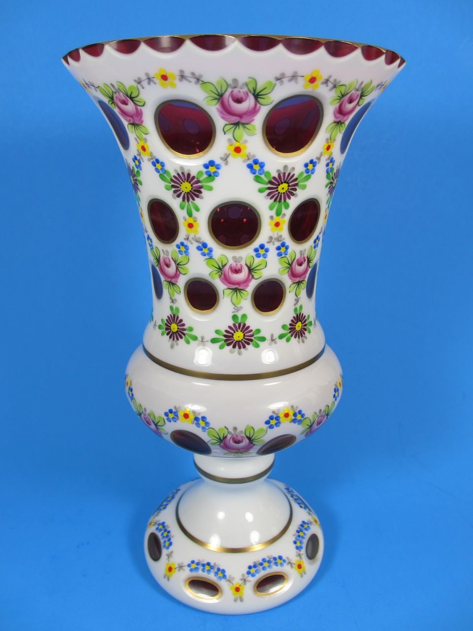 Bohemian Cased Glass White Overlay Cut To Cranberry Handpainted Vase