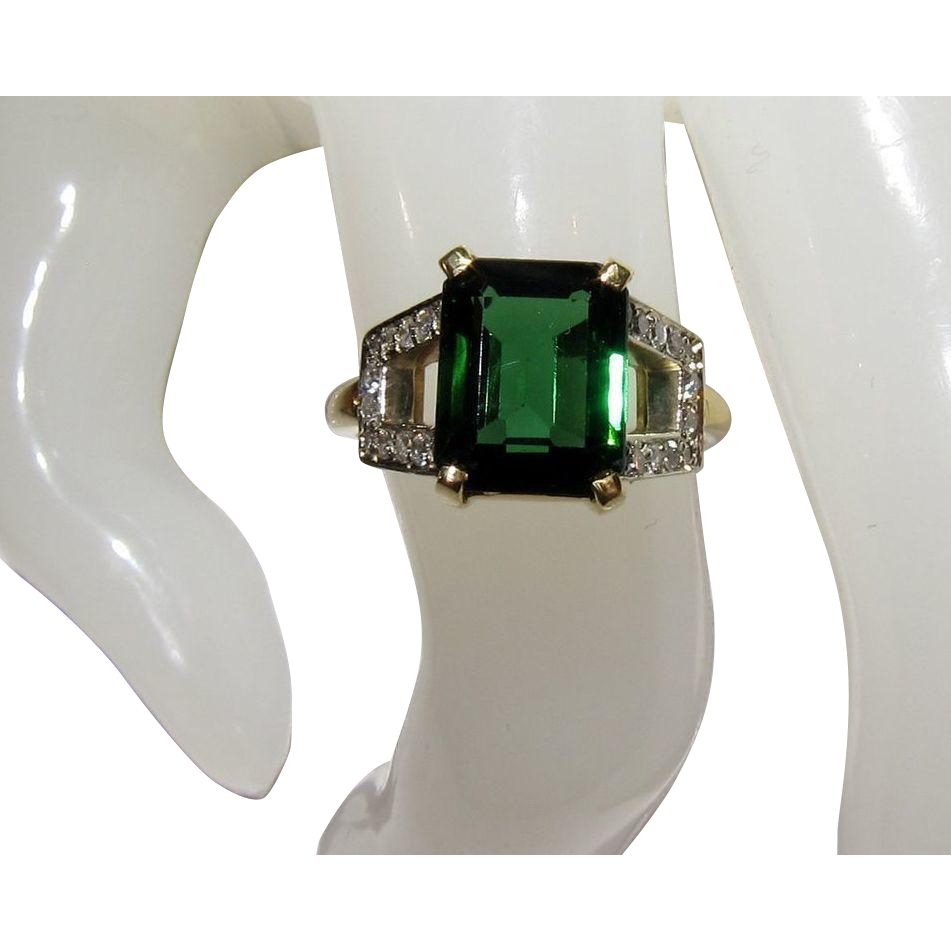 Vintage Green Tourmaline 18K Diamond Ring from opheliagrace on Ruby Lane