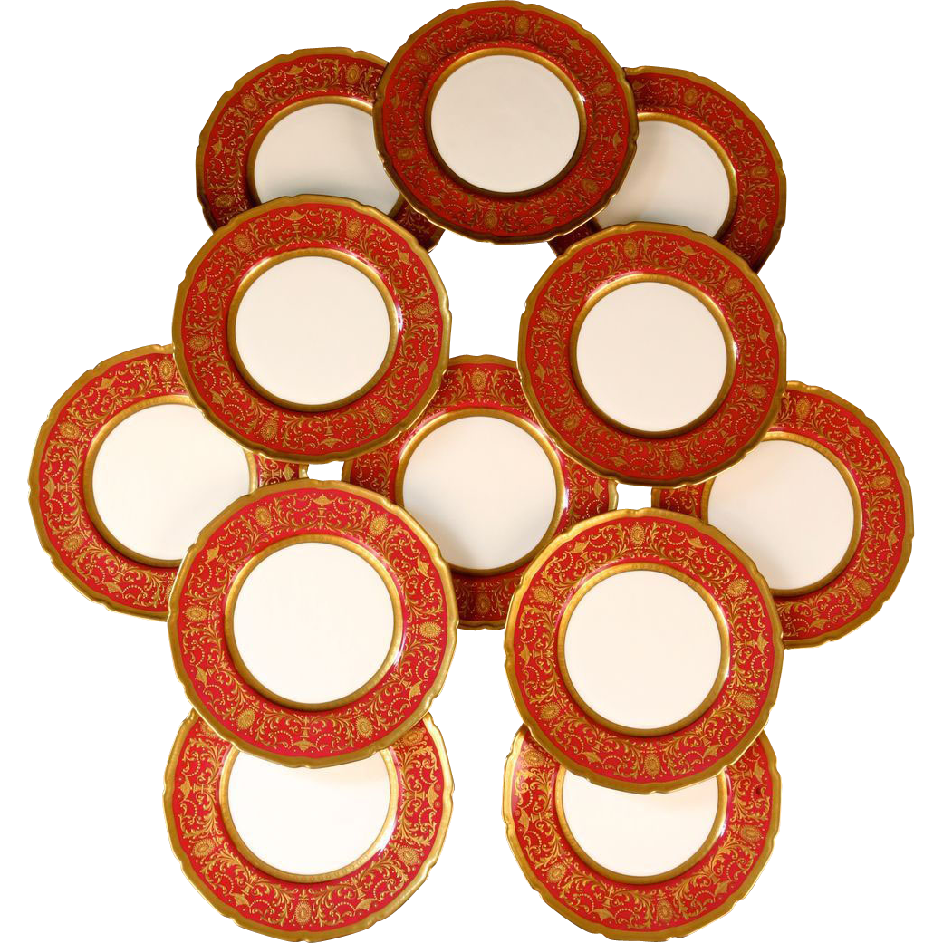 12 Antique Royal Doulton Red Heavily Gilded Dinner or Service Plates
