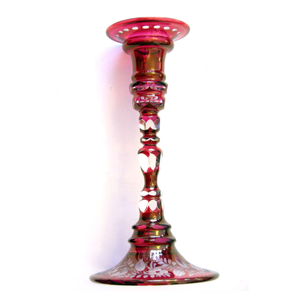 Bohemian candle holder clear glass ruby red overlayed cut from