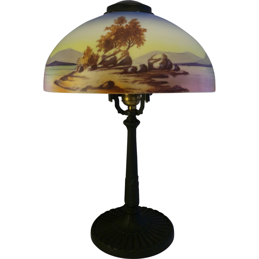 Antique American Lamp Pittsburgh PLB &Co Reverse Painted Scenic Glass ...