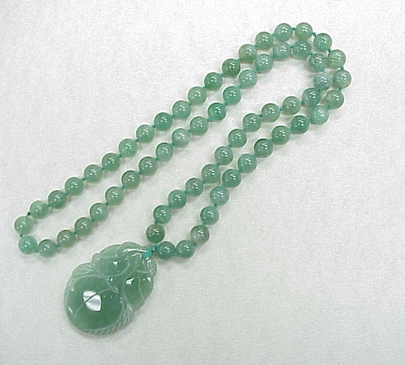 Vintage Jade Bead Necklace With Carved Jade Pendant Circa 1950's from