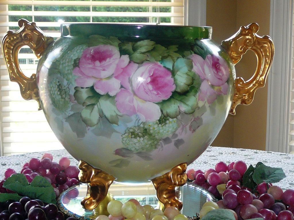 Amazing Footed Limoges Jardiniere Vase with Lg Gold Loop Handles and Roses Amazing Footed Limoges Jardiniere Vase with Lg Gold Loop Handles and Roses