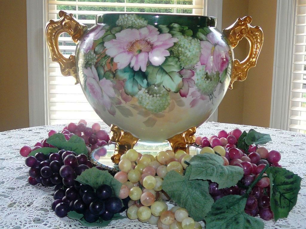 Amazing Footed Limoges Jardiniere Vase with Lg Gold Loop Handles and Roses Amazing Footed Limoges Jardiniere Vase with Lg Gold Loop Handles and Roses